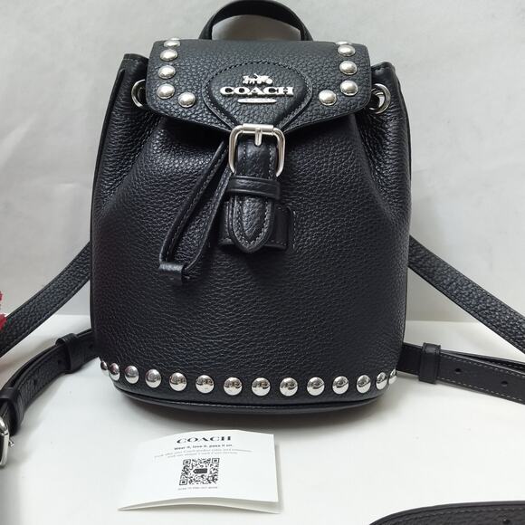 Coach Black Pebbled Leather Studded Drawstring Crossbody Backpack Bag - NWT $450 - Picture 1 of 16